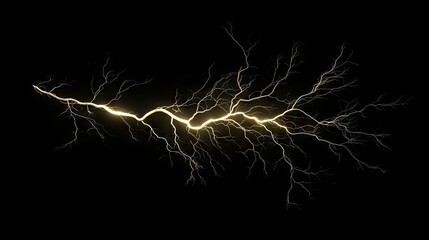 Intense lightning bolt with detailed branches isolated on a black background, showcasing the dramatic impact and force of electrical storms. -