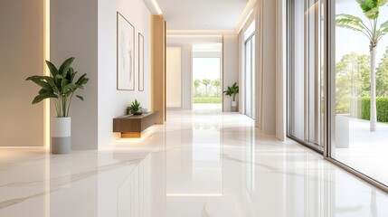 Fototapeta premium Modern hallway with white marble floor and minimalist decor.