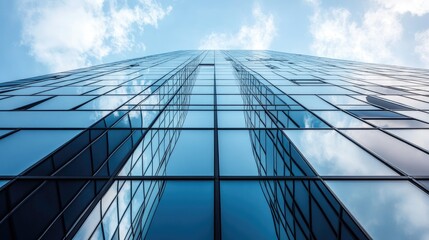 Low-angle view of a sleek, contemporary office building with a mirrored glass exterior.