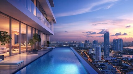 Fototapeta premium Luxury condominium tower with a rooftop infinity pool and city views.