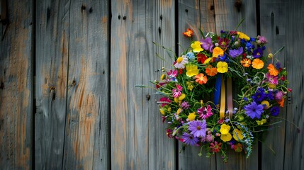 Fototapeta premium Vibrant Floral Wreath on Rustic Wooden Background