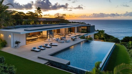 Fototapeta premium Luxury villa with a large garden and swimming pool, overlooking the ocean.