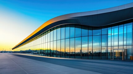 Modern airport terminal building with sweeping curves and glass walls.