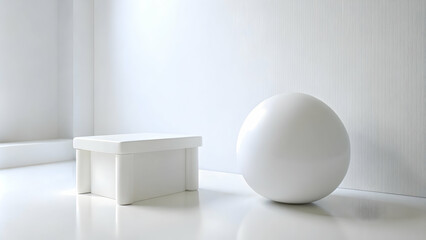 Minimalist composition of a white cube and sphere
Clean geometric shapes on a white background
Abstract art featuring a cube and a sphere