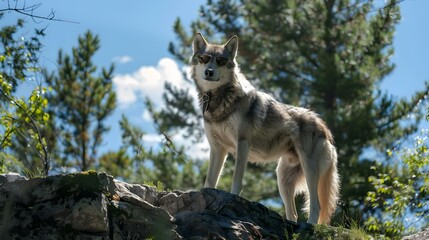 Obraz premium Wolf in Sunglasses Standing on a Rocky Outcrop in a Forest