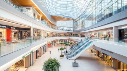 Modern shopping mall with a large atrium, glass ceiling, and open walkways.