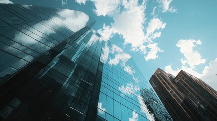 Modern skyscraper with glass facade reflecting the sky in a bustling urban environment.