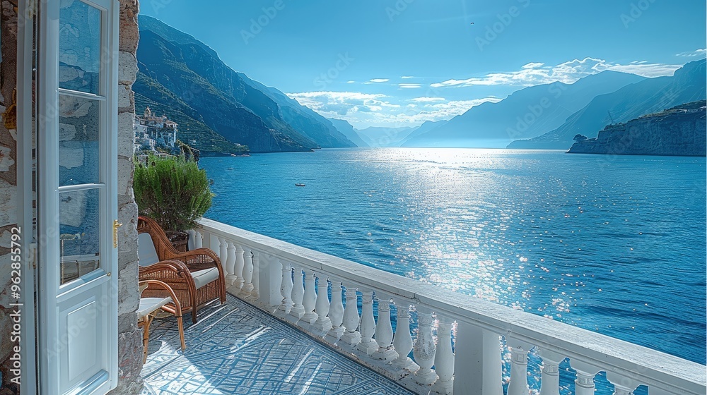 Poster Balcony with sea view. Generative AI.