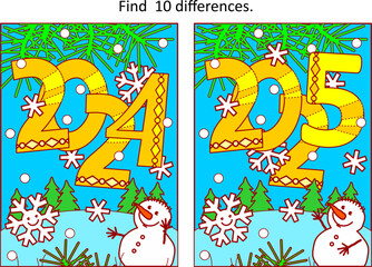 Years 2024 and 2025 difference game and coloring page with rasing year 2025 heading, cute little snowman, cheerful snowflake and outdoor winter scene
