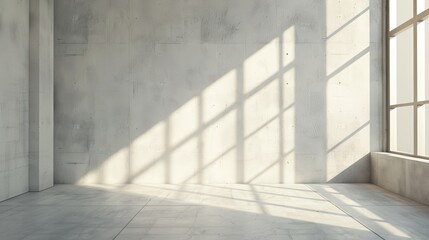 Fototapeta premium Room with window light shadows, simple design with concrete surfaces. Architecture showroom backdrop.