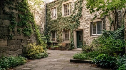 Fototapeta premium Old stone building with ivy creeping up the walls and a courtyard garden.