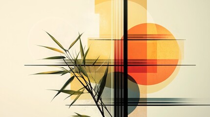 Abstract Geometric Art with Bamboo Leaves and Orange Circle