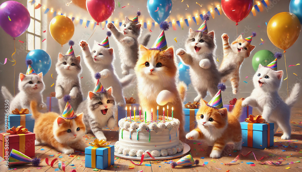 Wall mural playful cat-themed happy birthday backgrounds with 3d cake illustrations, ideal for greeting cards a