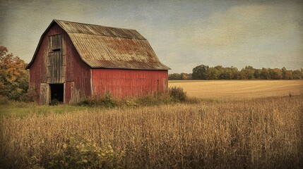 Old, weathered barn in a rural setting, surrounded by open fields.