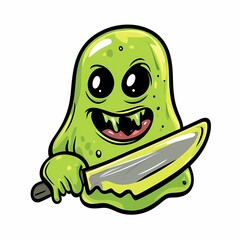 A green, cartoon-style ghost with a toothy grin holds a knife in its right hand.