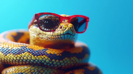 coiled colorful snake wearing red and black glasses on blue background