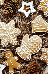 Cute Christmas Gingerbread and Lights Stars. Top View