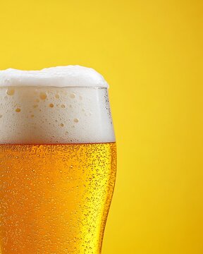 A high-definition close-up of a beer glass filled with golden beer and a frothy head, isolated on a bright yellow background. Space for commercial text provided at the bottom