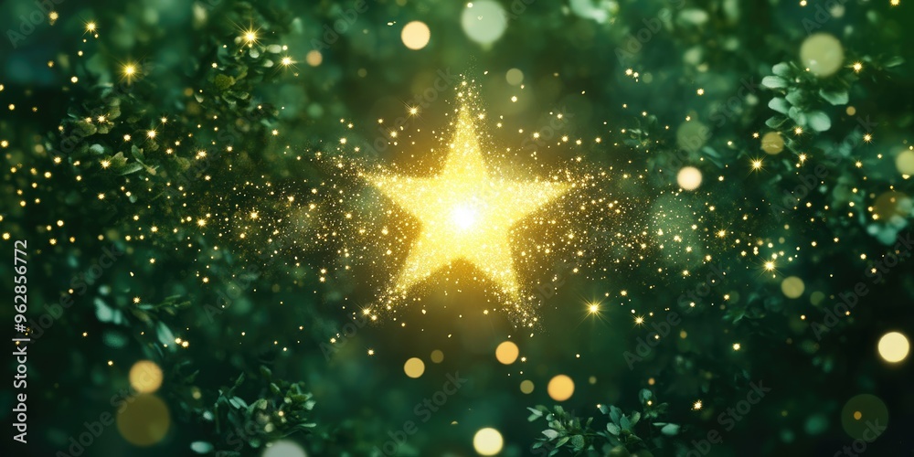Poster Twinkling glitter forms a star in shades of white and yellow enhanced by a bokeh effect set against a dark green background with a bright highlight in the center 3D cartoon rendering
