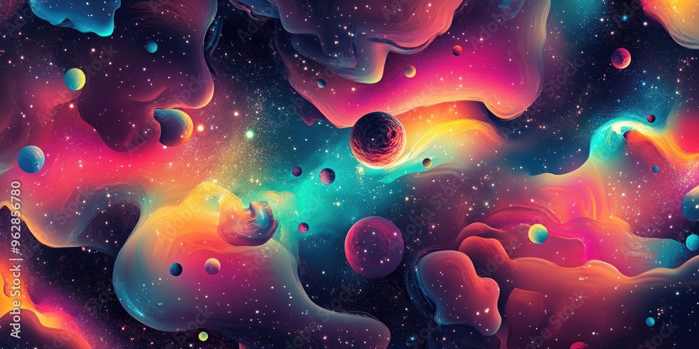 Poster Abstract cosmic background in a seamless colorful pattern rendered in 3D cartoon style