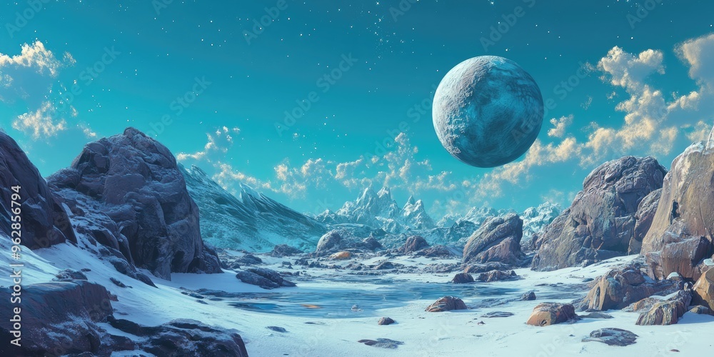 Poster alien planet landscape in a 3d cartoon rendering showcasing a science fiction illustration with a vi