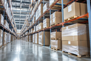 Obraz premium A spacious warehouse filled with stacked cardboard boxes on pallets, organized for efficient storage and distribution.