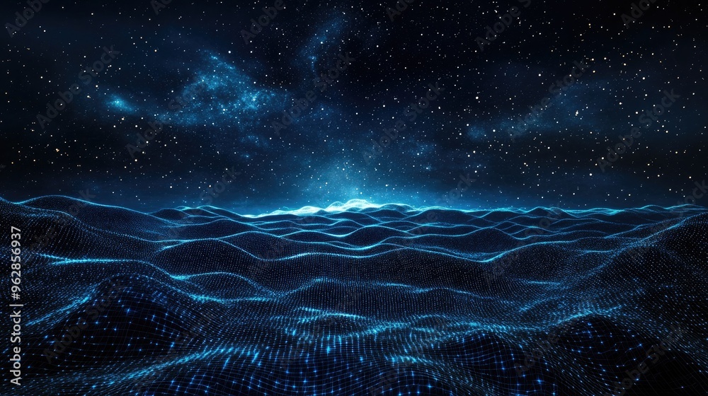 Aufkleber Abstract landscape rendered in 3D cartoon style against a dark background featuring a starry horizon cyberspace grid and hi tech network elements 3D illustration of outer space texture
