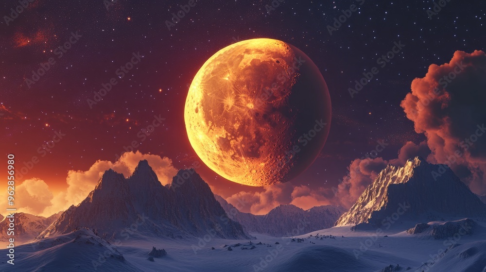 Poster 3d cartoon rendering depicting a lunar eclipse