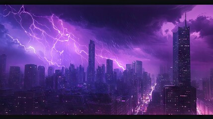 Purple lightning storm sweeping over the city, with dramatic flashes of light highlighting the urban environment, creating a striking contrast against the night.