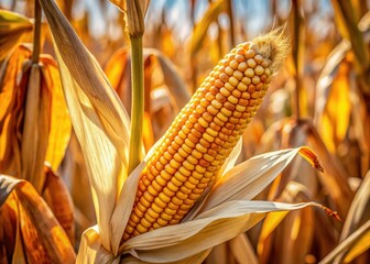 Close-up of a single corn ear amidst stubble, emphasizing textures and earthy tones, celebrating the beauty of harvest season