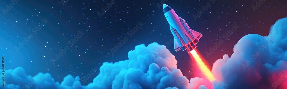 Aufkleber 3d cartoon illustration of a launch of a space shuttle in open space above earth blue gradient space