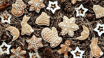 Iced Gingerbread Cookies. Classic Christmas Cookie. Handmade Dessert. New Year Concept. Top View. Photo