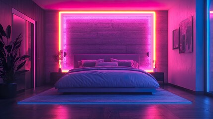 Sleek bedroom with glowing neon borders and a high tech sophisticated interior design theme