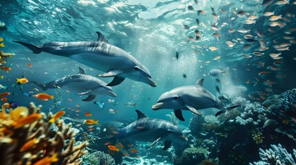 Obraz premium Dolphins Swimming in a Vibrant Coral Reef