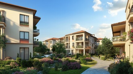 Fototapeta premium Residential apartment complex with balconies, landscaped gardens, and a clear blue sky. -