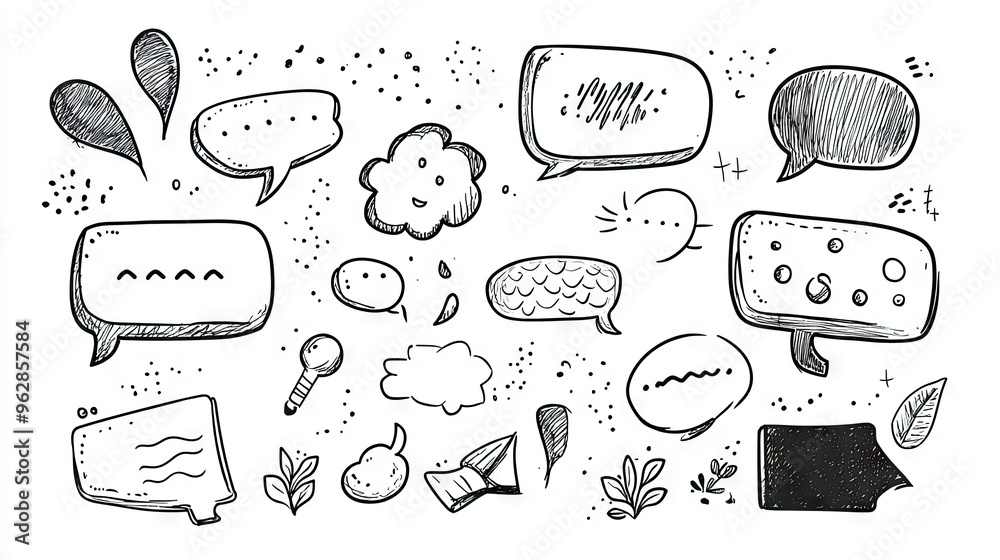 Poster set of cartoon speech bubbles and message boxes with outline doodle designs and space for text. perf