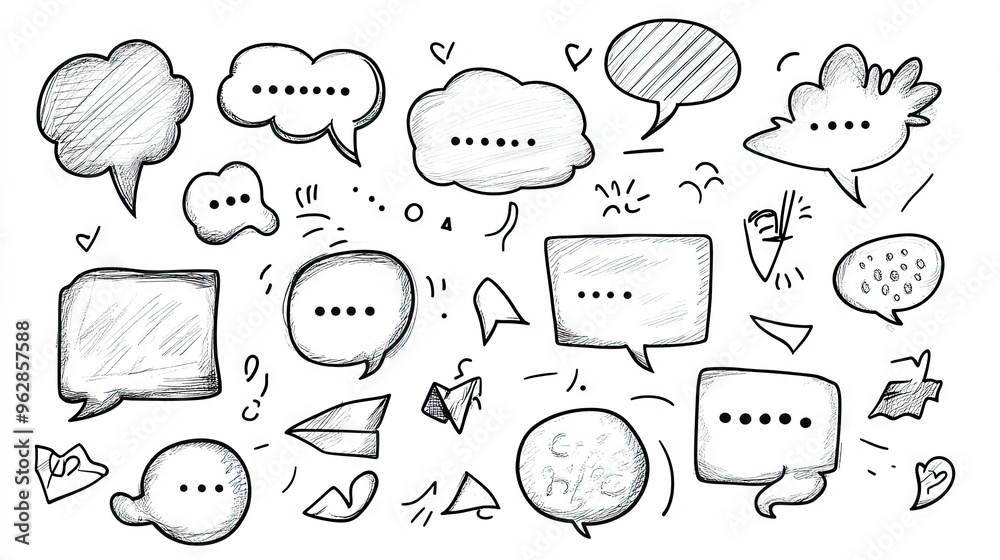 Poster set of cartoon speech bubbles and message boxes with outline doodle designs and space for text. perf