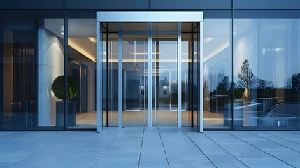 Modern Building Entrance with Glass Facade and Cityscape Reflection