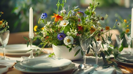 Fototapeta premium Rustic Summer Table Setting with Wildflower Centerpiece