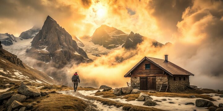 abandoned alpine cabin fog shrouded isolated valley rugged peaks lonely climber exhausted posing windblown snow capped mysterious atmospheric softbox warm tone sepia hues