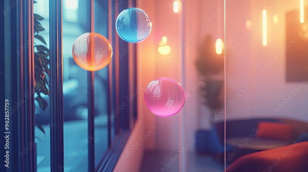Poster shiny, floating chat bubbles in a sleek room environment, reflecting a clean and high-tech approach 