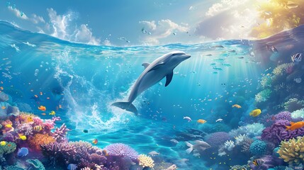 Fototapeta premium Dolphin Leaping Through Coral Reef in Underwater Paradise