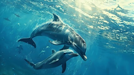Fototapeta premium Dolphin Family Swimming in the Ocean