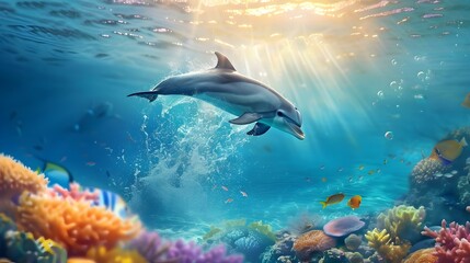 Fototapeta premium Dolphin Leaping Through Coral Reef Underwater Photography