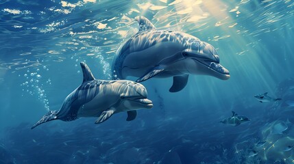 Obraz premium Dolphin Family Swimming Underwater in Ocean