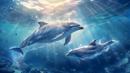 Fototapeta premium Two Dolphins Swimming in the Ocean with Sunbeams