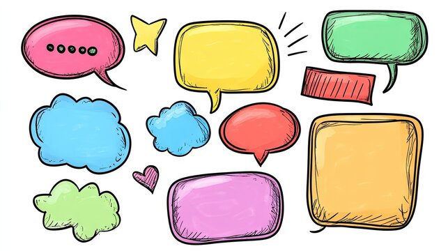 Set of speech bubble text chatting boxes in cartoon doodle style with outline designs and space for your text. Ideal for messaging and communication graphics.