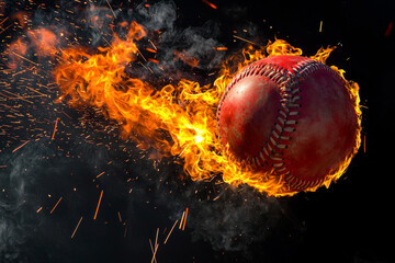 A flaming baseball in mid-air, surrounded by smoke and sparks, capturing the intensity of sports action.