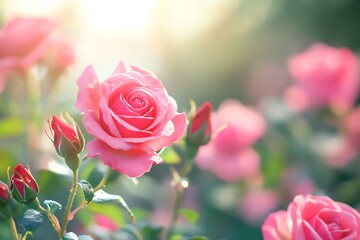 Beautiful pink rose blooming in a garden during spring