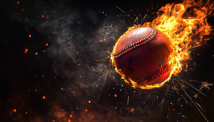 A fiery baseball in motion, surrounded by flames and smoke, symbolizing energy and excitement in sports.